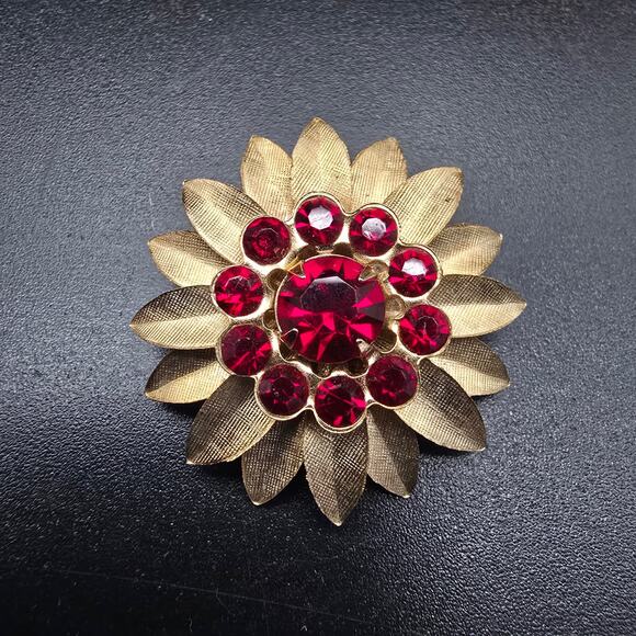 Unknown Jewelry - Red Rhinestone Flower Brooch Gold Tone Vintage Costume Jewelry